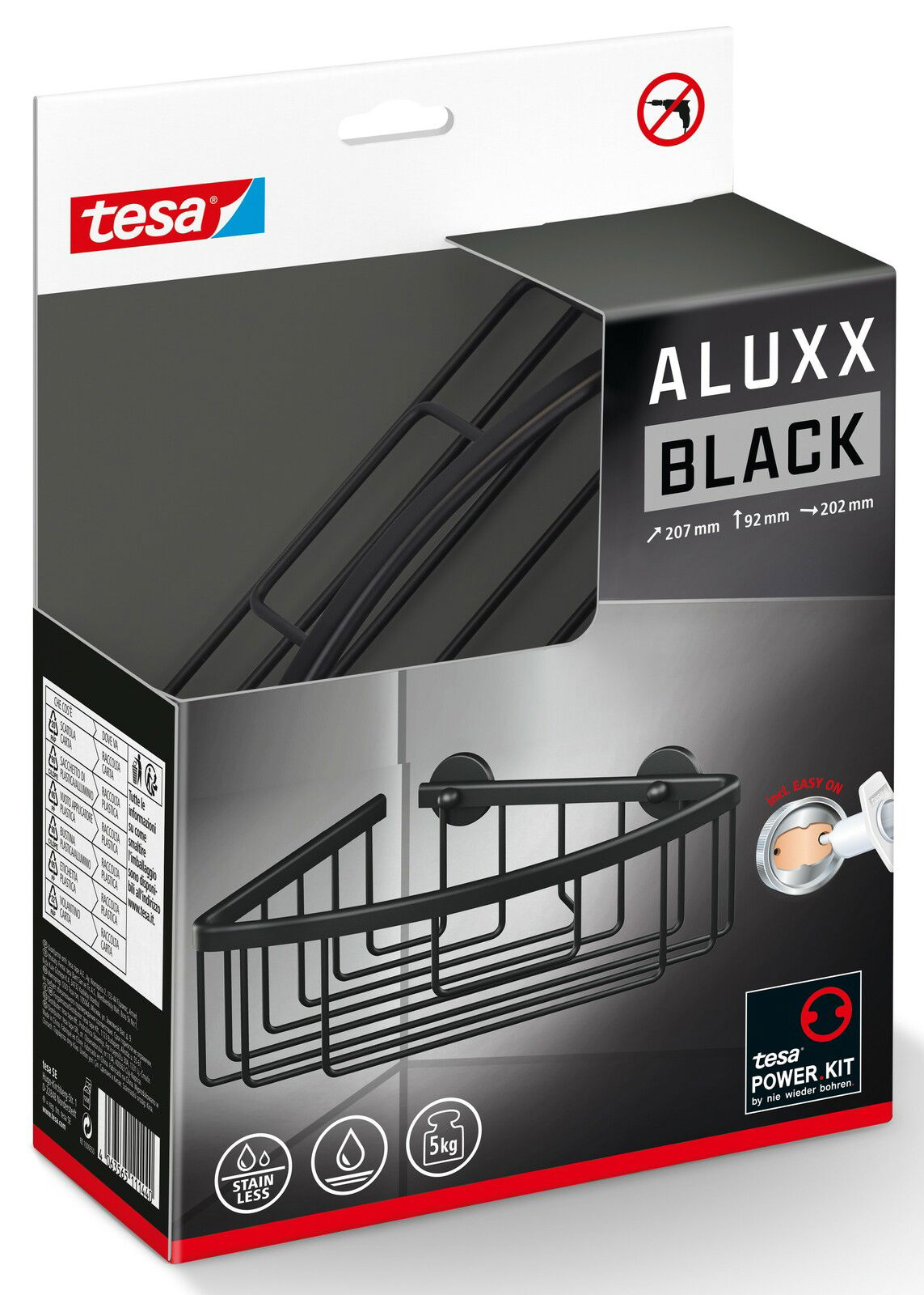 Schwarzes Eck-Duschregal von tesa ALUXX, perspektivisch von vorne rechts gezeigt, mit einfacher Montage ohne Bohren.