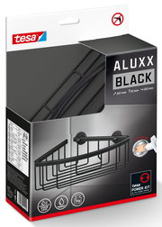 Schwarzes Eck-Duschregal von tesa ALUXX, perspektivisch von vorne rechts gezeigt, mit einfacher Montage ohne Bohren.