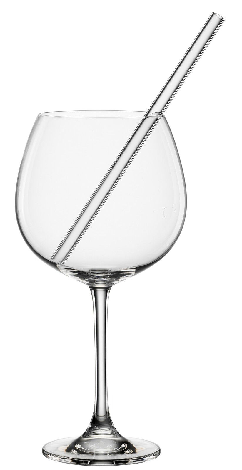 Ein einzelnes Gin-Glas mit Strohhalm, frontal fotografiert.