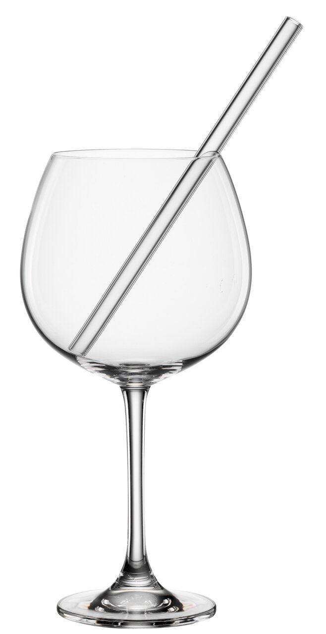 Ein einzelnes Gin-Glas mit Strohhalm, frontal fotografiert.