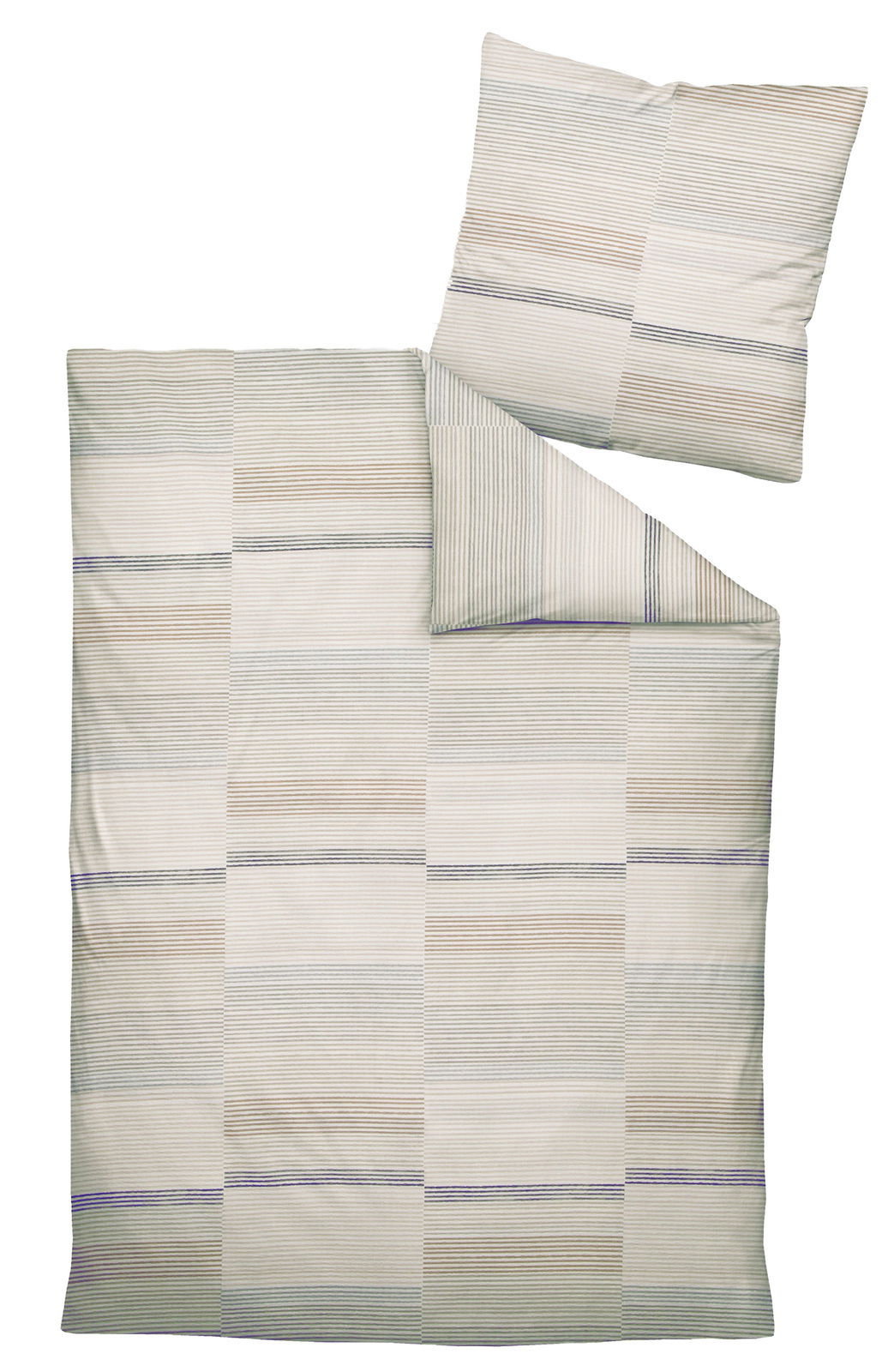 Bettwäsche-Set mit gestreiftem Muster in Beige- und Grautönen, bestehend aus einem Kissenbezug und einem Bettdeckenbezug, aus der Vogelperspektive fotografiert.