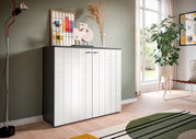 Moderne Kommode mit weißer, quadratischer Front und dunklem Korpus, dekoriert mit Kunstobjekten und Pflanzen, in einem hellen Raum mit großen Fenstern, seitliche Perspektive.