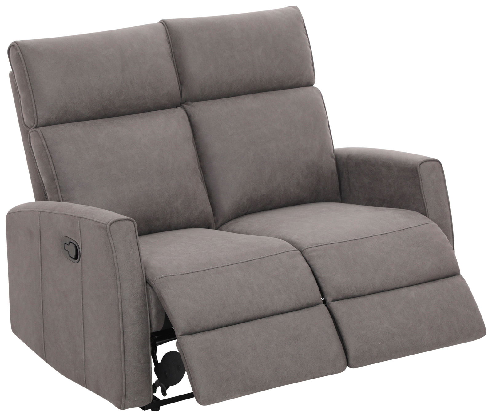 Graues 2-Sitzer-Sofa mit verstellbaren Rückenlehnen und Fußstützen, seitliche Perspektive