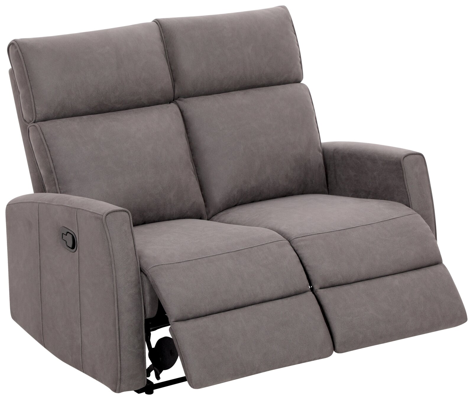 Graues 2-Sitzer-Sofa mit verstellbaren Rückenlehnen und Fußstützen, seitliche Perspektive