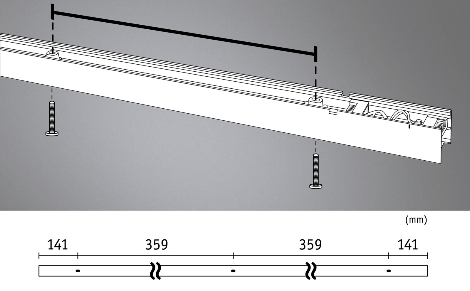 Technische Zeichnung einer langen, linearen Leuchte/Schiene mit zwei Montagepunkten und Maßangaben in mm (141–359–359–141), gezeigt in schräger Seitenansicht von oben.
