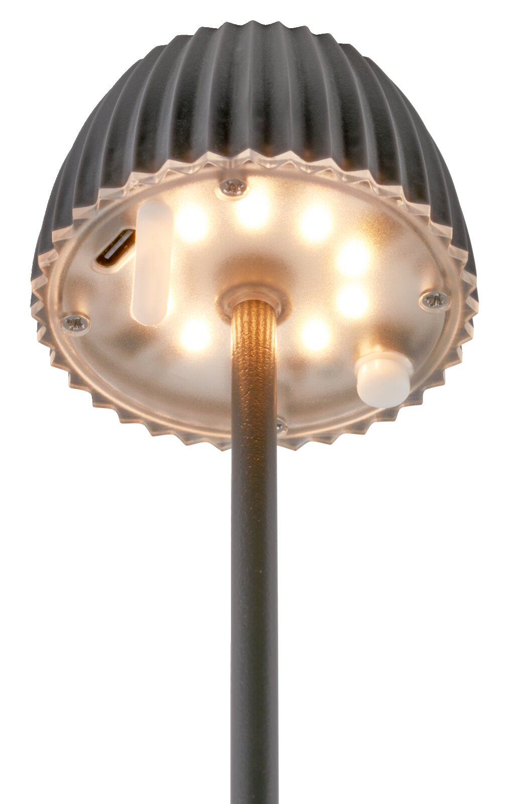 Unteransicht einer schwarzen, geriffelten LED-Lampe mit warmweiß leuchtendem Diffusor, sichtbaren LEDs, USB‑C-Ladeanschluss und Schalter am Gehäuse