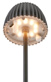 Unteransicht einer schwarzen, geriffelten LED-Lampe mit warmweiß leuchtendem Diffusor, sichtbaren LEDs, USB‑C-Ladeanschluss und Schalter am Gehäuse