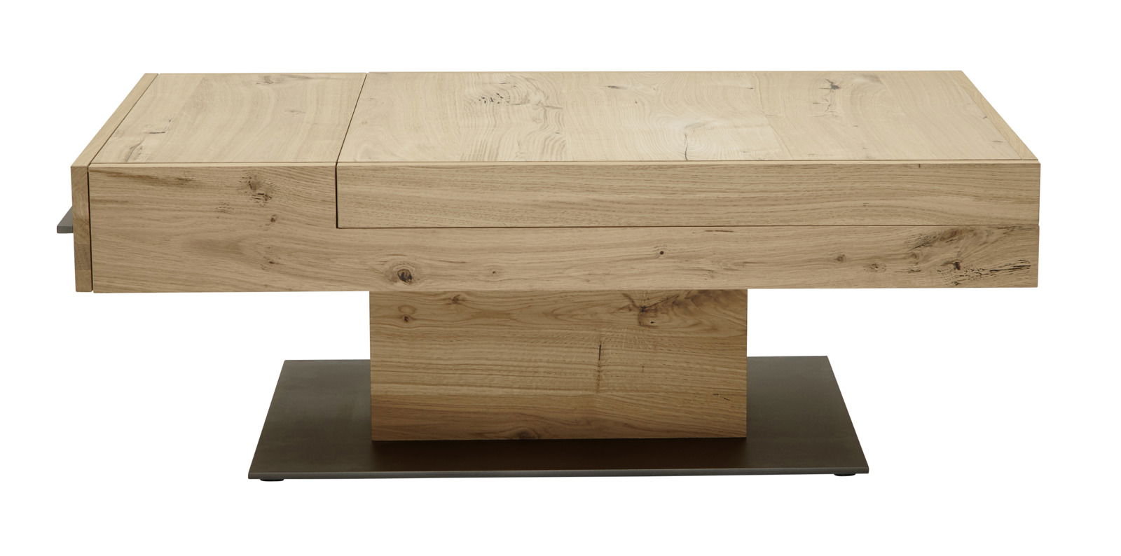 Moderner Couchtisch aus Holz in Seitenansicht mit rechteckiger Tischplatte und stabiler Basis.