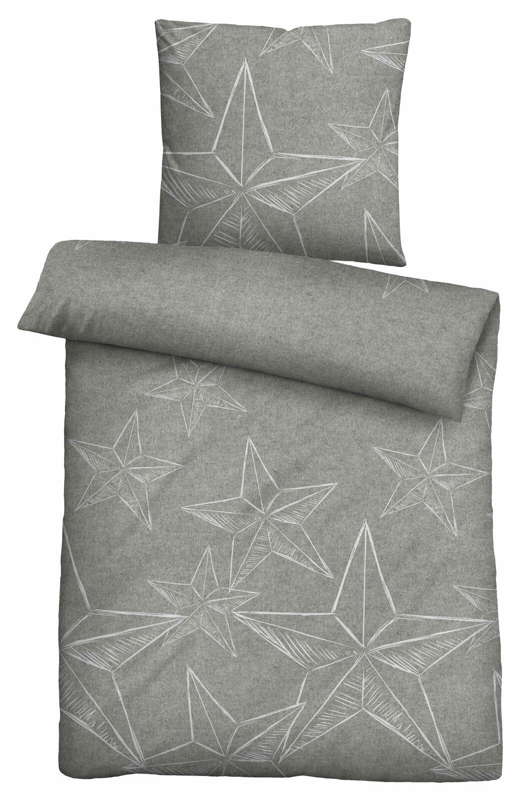 Graue Bettwäsche mit weißen Sternmustern, Ansicht von oben.