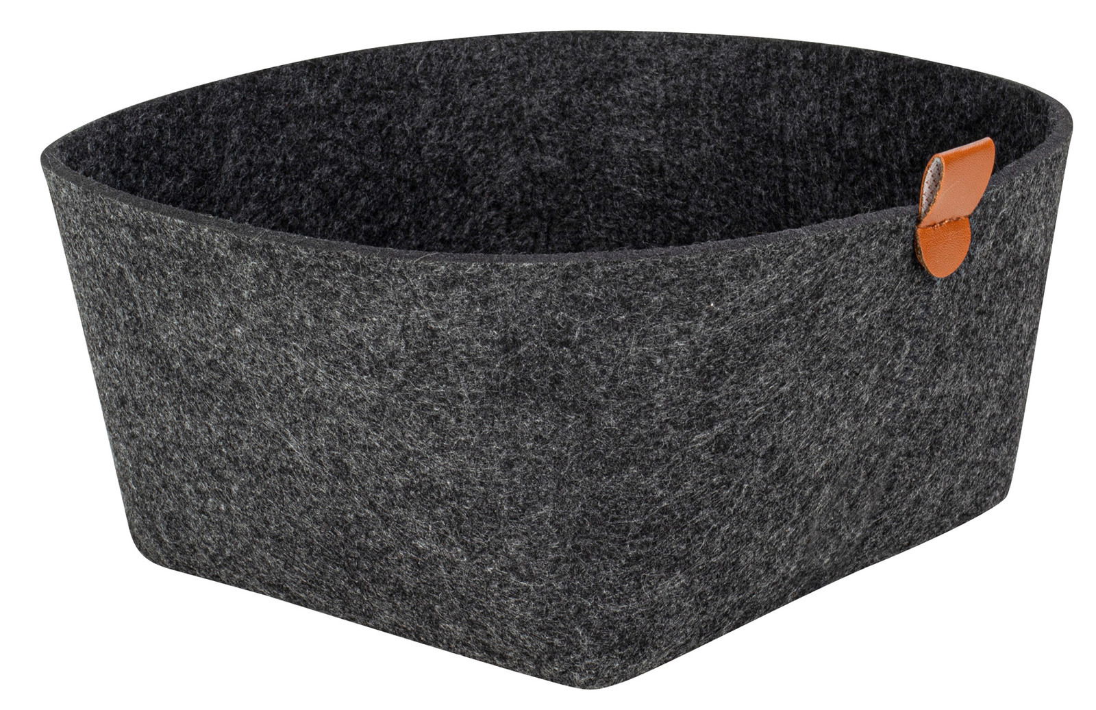 Eckiger Filzkorb in Anthrazit mit braunem Ledergriff, seitliche Perspektive