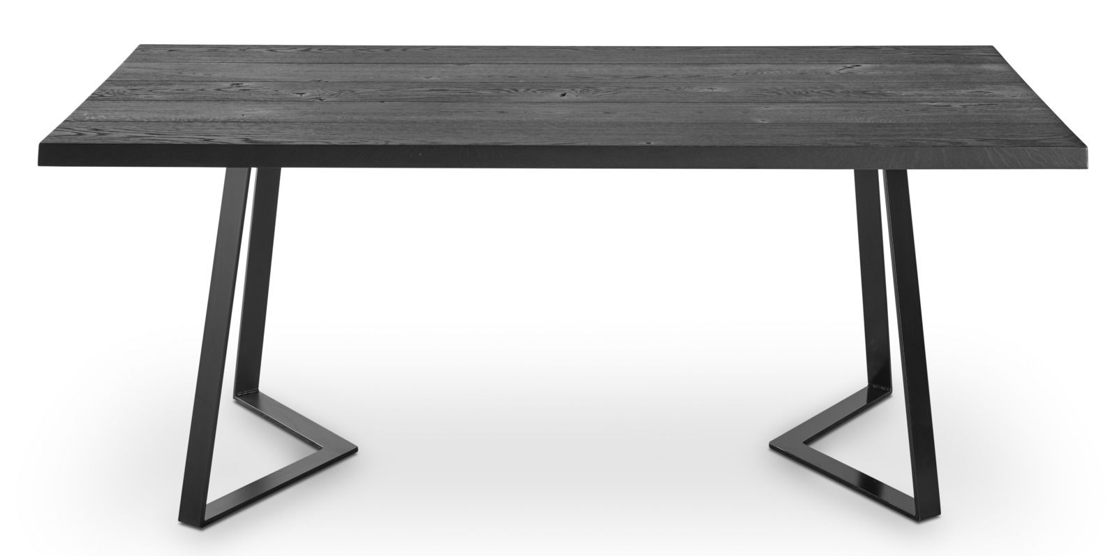 Moderner Esstisch mit schwarzer Holzplatte und schrägen Metallbeinen, frontal betrachtet.