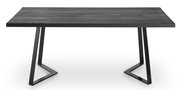 Moderner Esstisch mit schwarzer Holzplatte und schrägen Metallbeinen, frontal betrachtet.