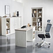 Moderner Schreibtisch in heller Holzoptik mit passendem Bürostuhl, Regalen und Schränken, seitliche Perspektive.