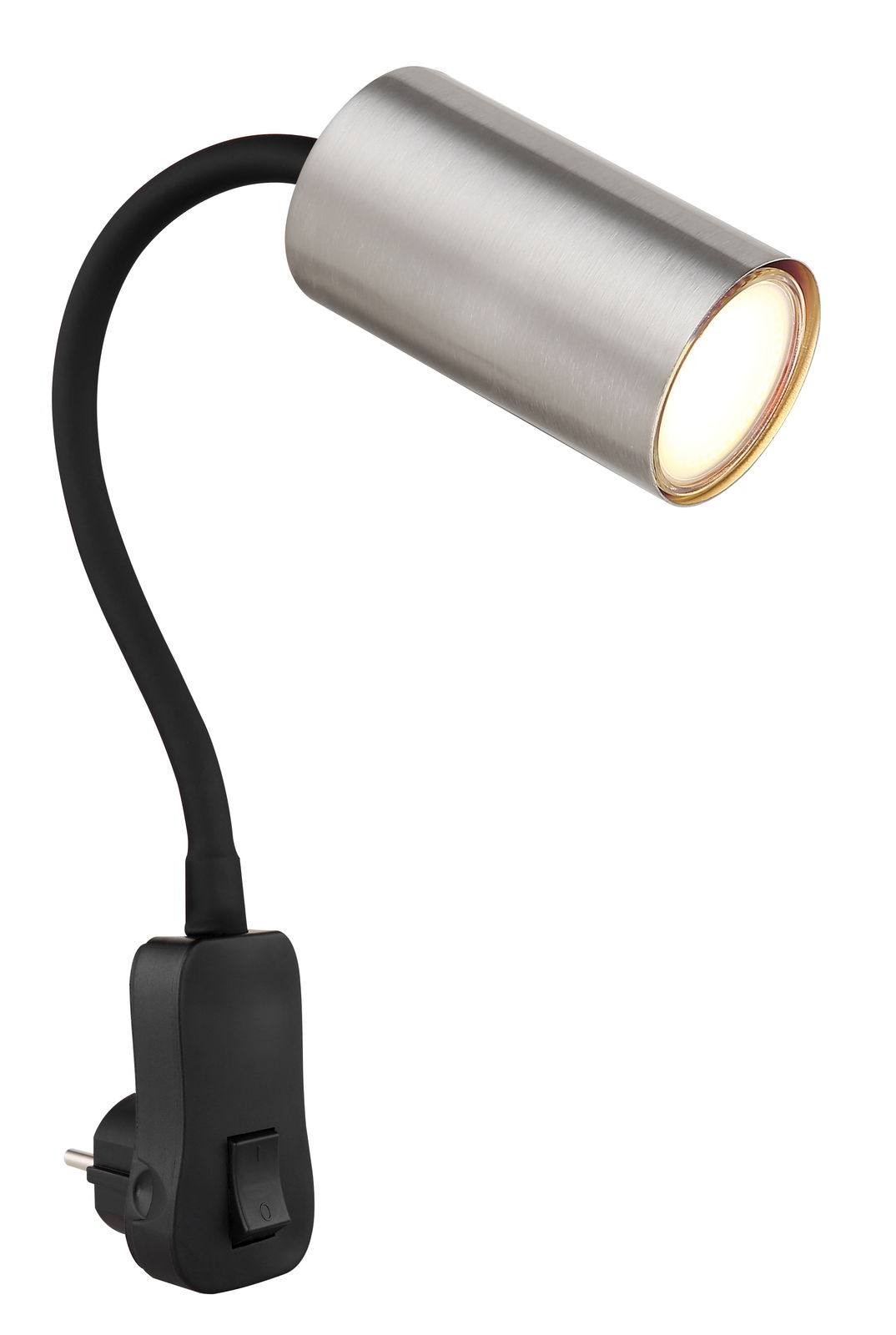 Wandleuchte mit flexiblem Arm und nickelgebürstetem Strahler, seitliche Perspektive