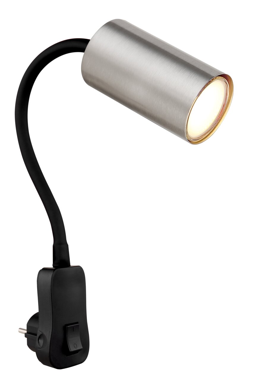 Wandleuchte mit flexiblem Arm und nickelgebürstetem Strahler, seitliche Perspektive