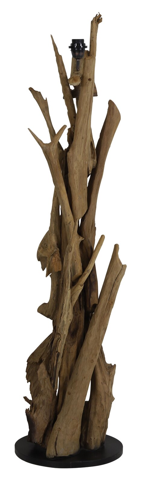 Stehleuchte aus naturbelassenem Holz mit organischem Design, seitliche Perspektive.