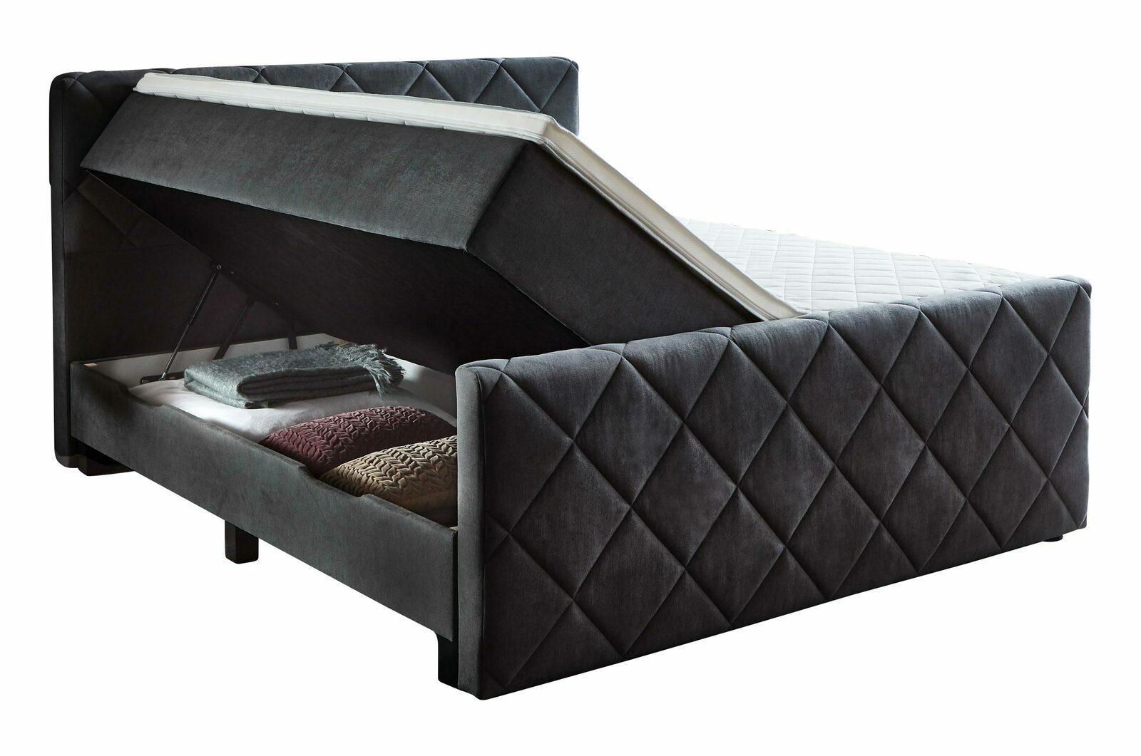 Boxspringbett mit hochgeklappter Matratze und Stauraum, seitliche Perspektive