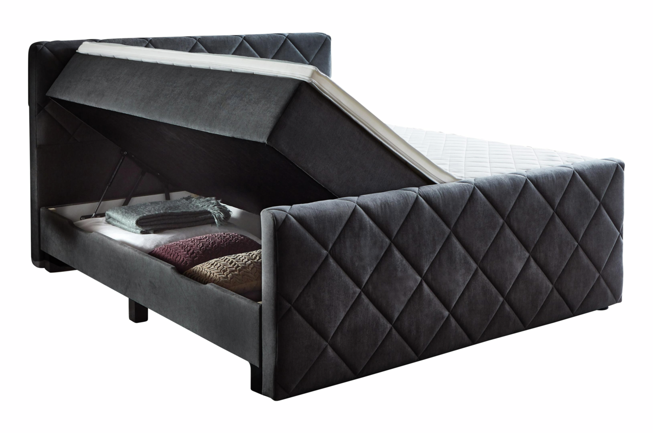 Boxspringbett mit hochgeklappter Matratze und Stauraum, seitliche Perspektive
