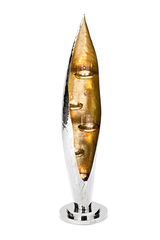 Eleganter, silberner Kerzenhalter mit goldener Innenverkleidung, der fünf Teelichter in einer vertikalen Anordnung hält. Die Perspektive zeigt den Kerzenhalter von vorne.