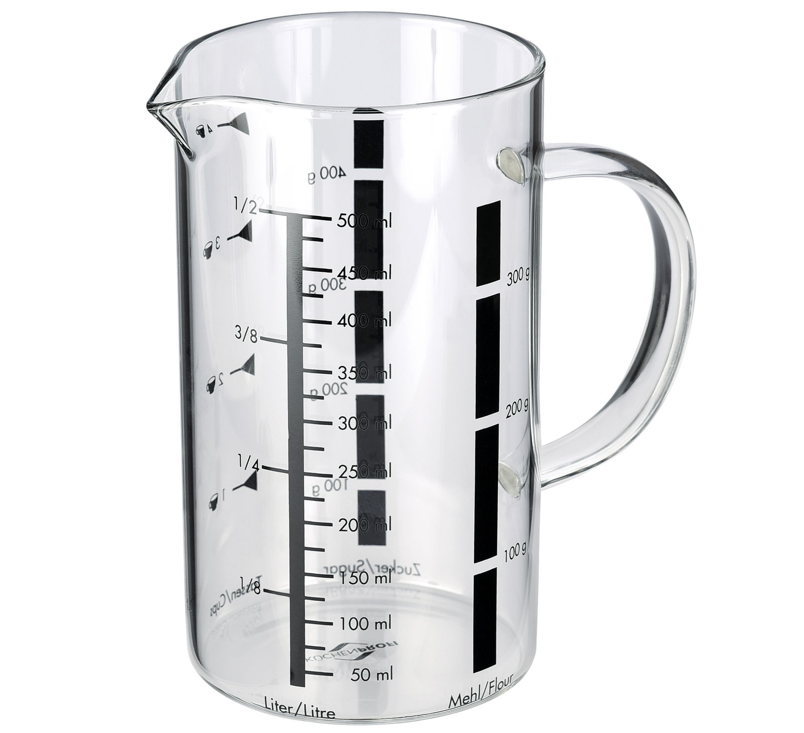 Glas-Messbecher mit 500 ml Fassungsvermögen, seitliche Skalen für Flüssigkeiten und Mehl, seitliche Perspektive