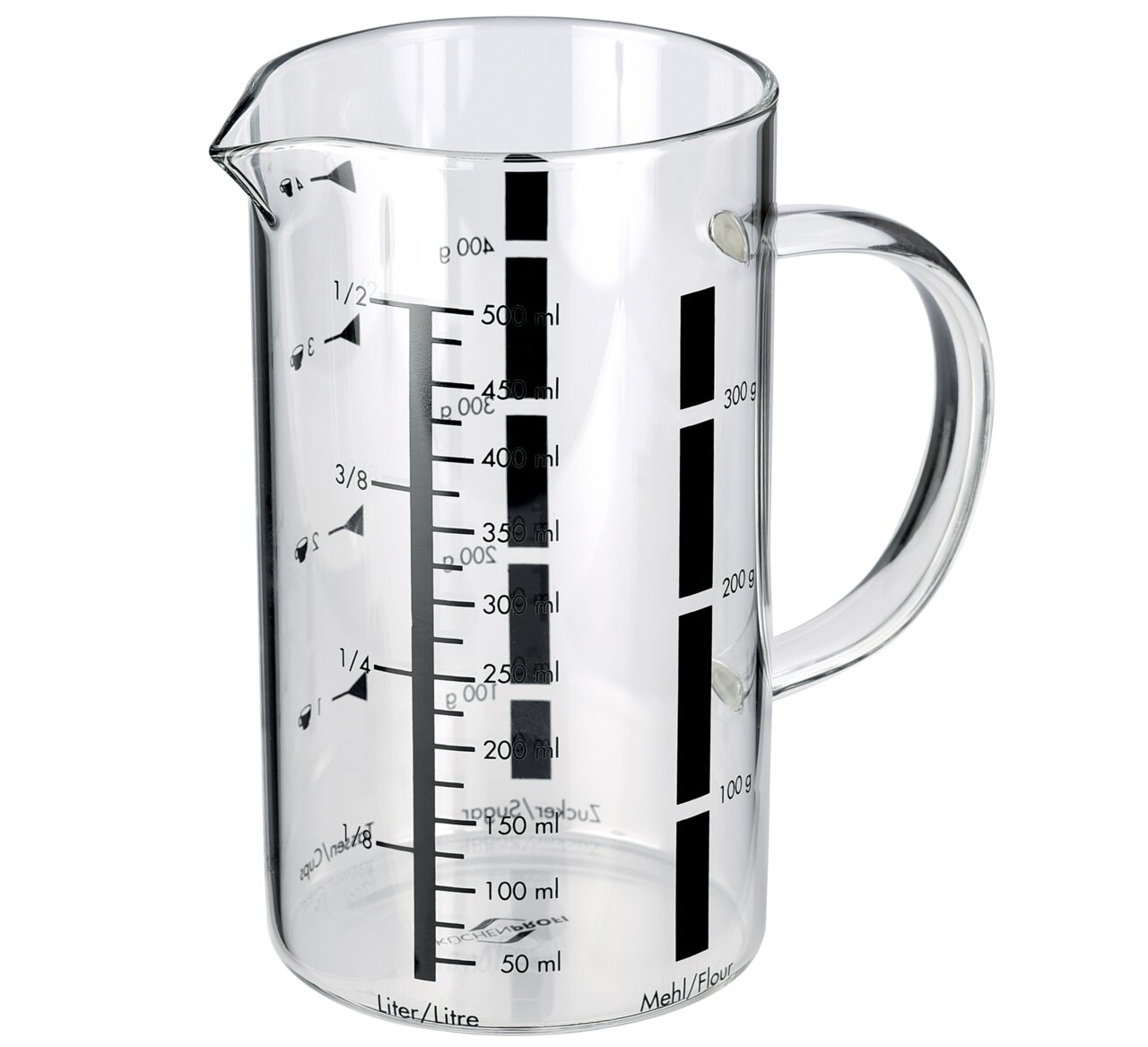 Glas-Messbecher mit 500 ml Fassungsvermögen, seitliche Skalen für Flüssigkeiten und Mehl, seitliche Perspektive
