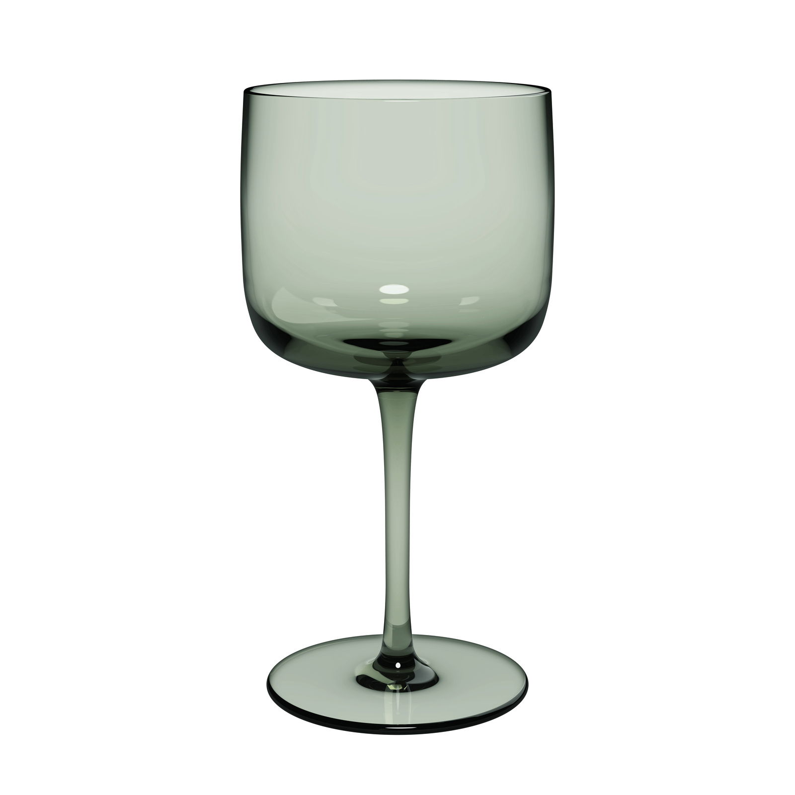 Grüner Weinkelch aus Glas, frontal fotografiert, mit elegantem Stiel und breitem Kelch.