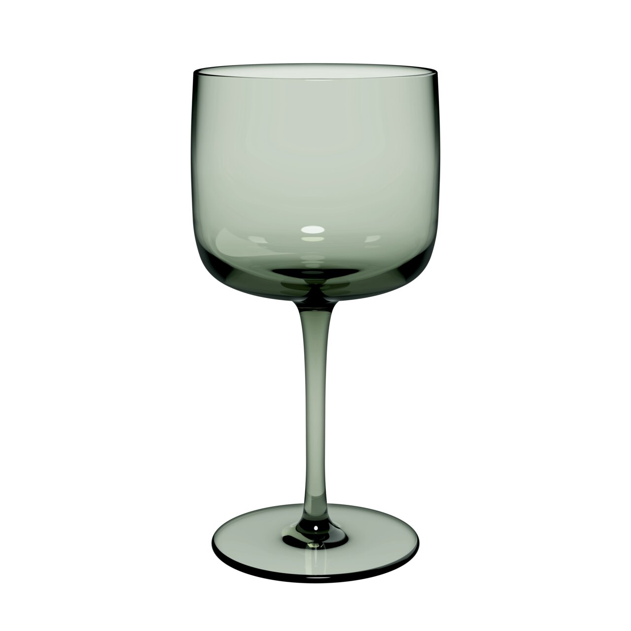 Groene glazen wijnkelk, van voren gefotografeerd, met een elegante steel en een brede kelk.