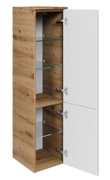 Moderner Midischrank mit Holzeffekt und weißen Türen, offene Perspektive