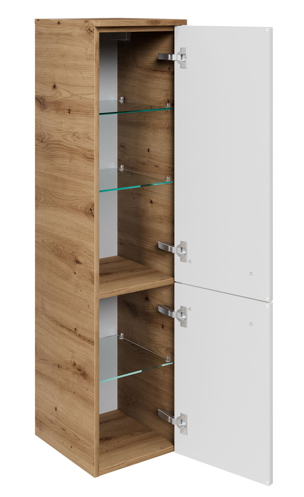 Moderner Midischrank mit Holzeffekt und weißen Türen, offene Perspektive