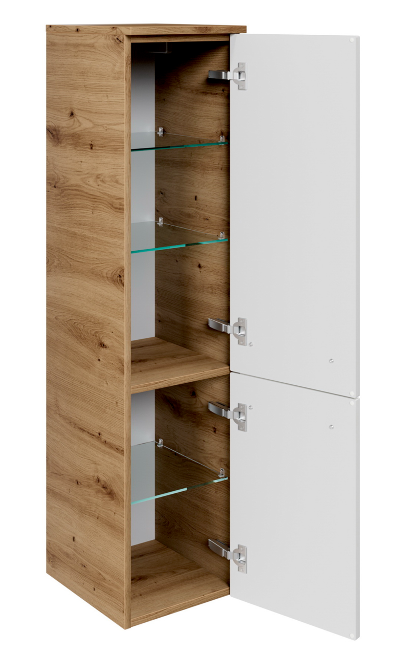 Moderner Midischrank mit Holzeffekt und weißen Türen, offene Perspektive