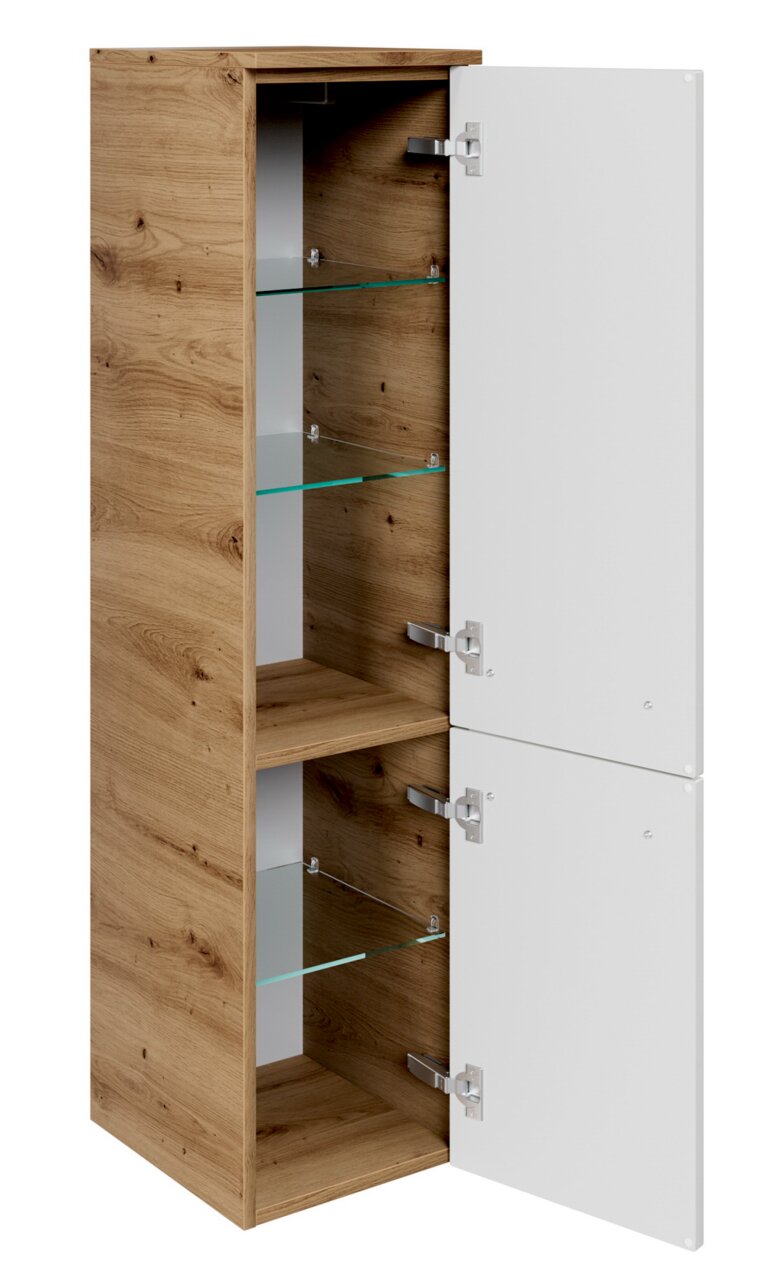 Moderner Midischrank mit Holzeffekt und weißen Türen, offene Perspektive