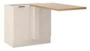 Weißer Küchenschrank mit schwarzem Griff und auskragender Arbeitsplatte in heller Holzoptik, Ansicht schräg von vorn/seitlich vor weißem Hintergrund