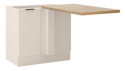 Weißer Küchenschrank mit schwarzem Griff und auskragender Arbeitsplatte in heller Holzoptik, Ansicht schräg von vorn/seitlich vor weißem Hintergrund