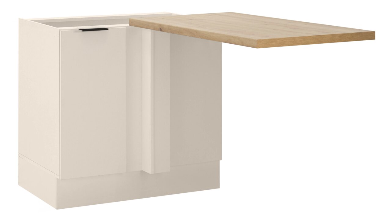 Weißer Küchenschrank mit schwarzem Griff und auskragender Arbeitsplatte in heller Holzoptik, Ansicht schräg von vorn/seitlich vor weißem Hintergrund