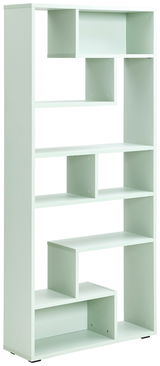 Moderner, hoher Raumteiler mit asymmetrischen Fächern in hellem Mintgrün, seitliche Perspektive