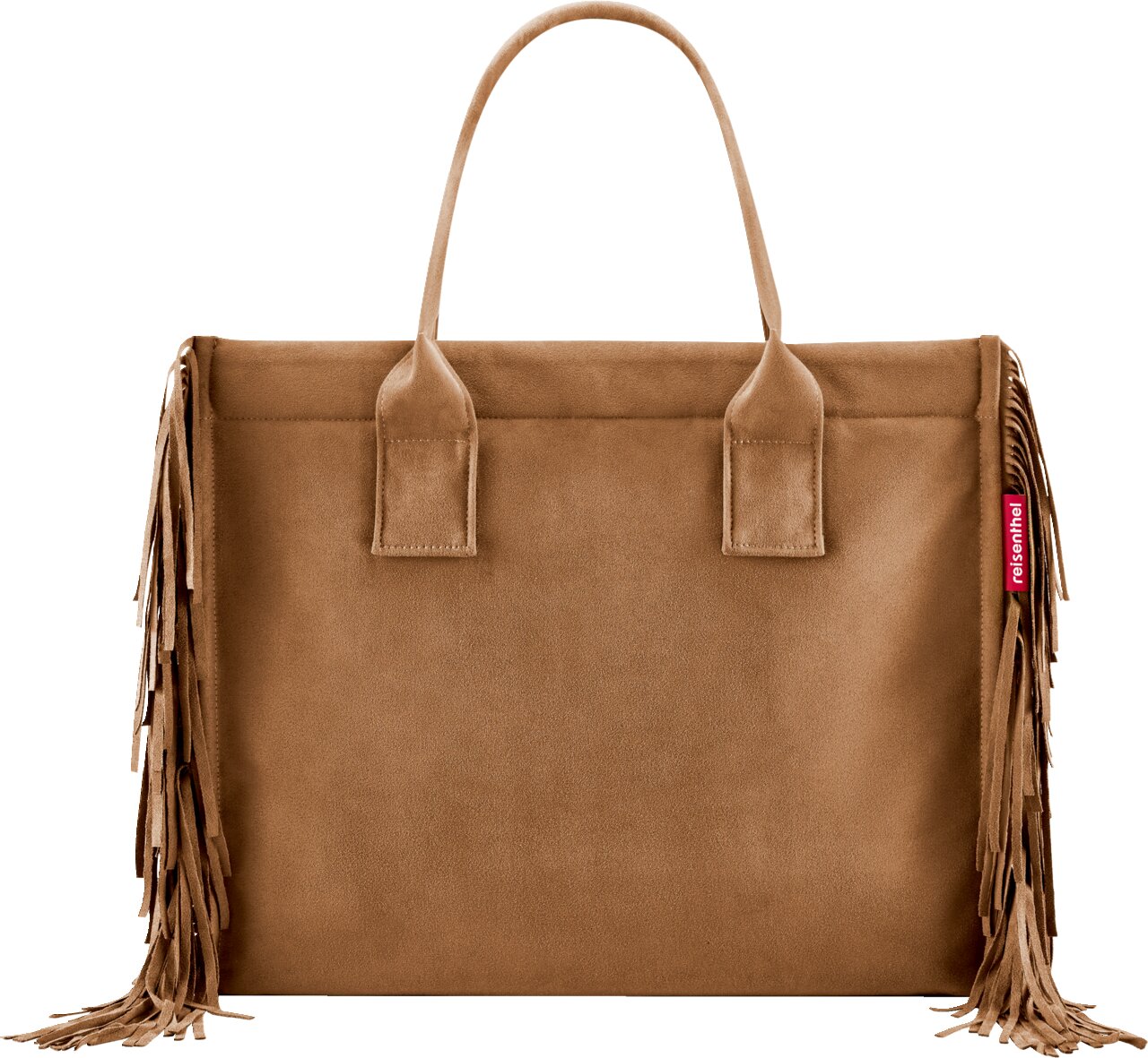 Braune Wildleder-Optik Shopper-Handtasche mit zwei Henkeln und langen Fransen an den Seiten, Frontansicht.