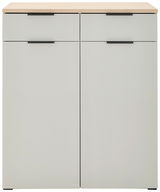 Moderner Schuhschrank Voleo NEW YORK in Frontansicht mit zwei Schubladen und zwei Türen, helle Holzoberfläche und schwarze Griffe.