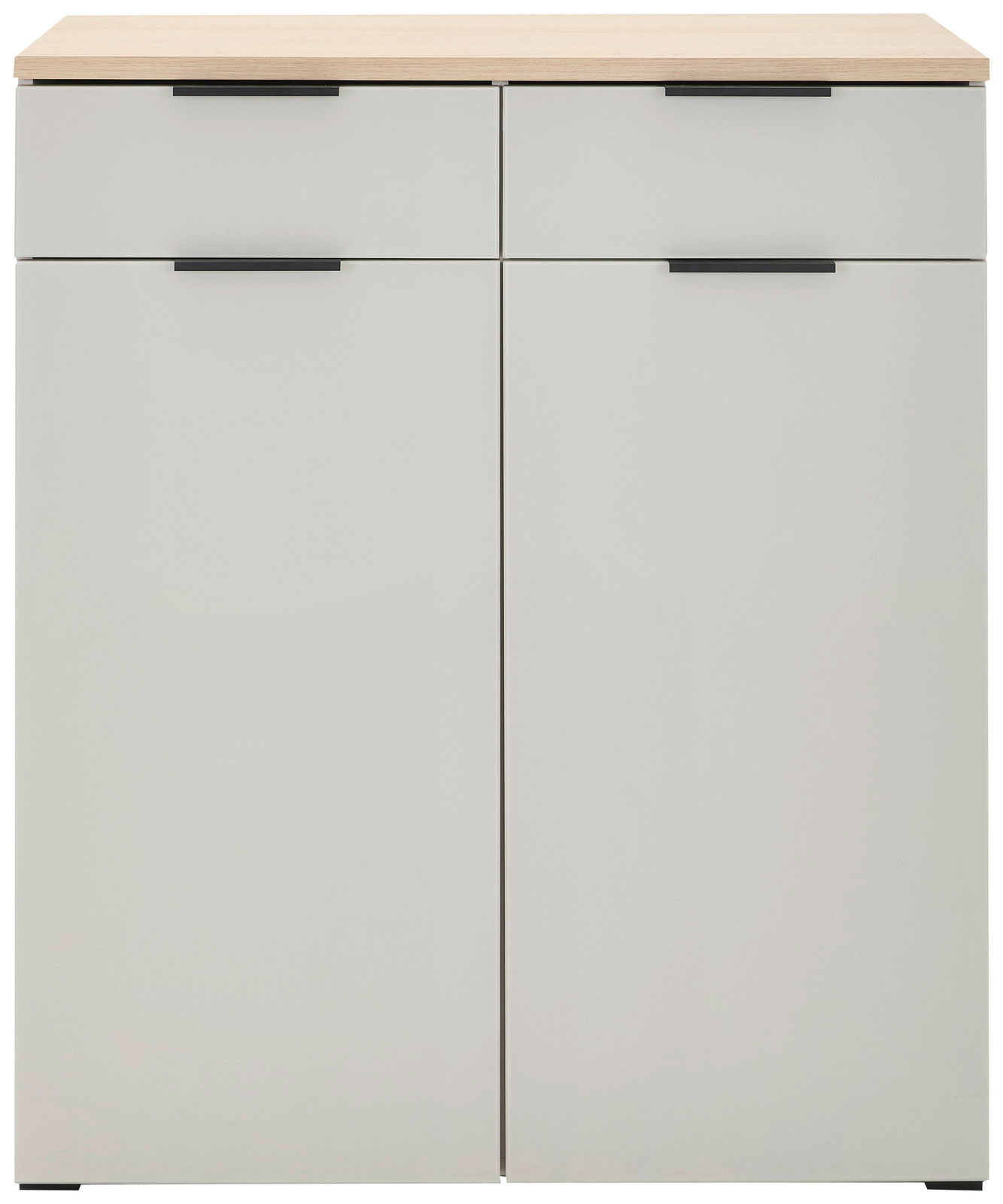 Moderner Schuhschrank Voleo NEW YORK in Frontansicht mit zwei Schubladen und zwei Türen, helle Holzoberfläche und schwarze Griffe.