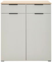 Moderner Schuhschrank Voleo NEW YORK in Frontansicht mit zwei Schubladen und zwei Türen, helle Holzoberfläche und schwarze Griffe.