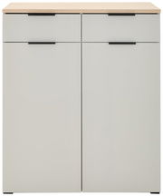 Moderner Schuhschrank Voleo NEW YORK in Frontansicht mit zwei Schubladen und zwei Türen, helle Holzoberfläche und schwarze Griffe.