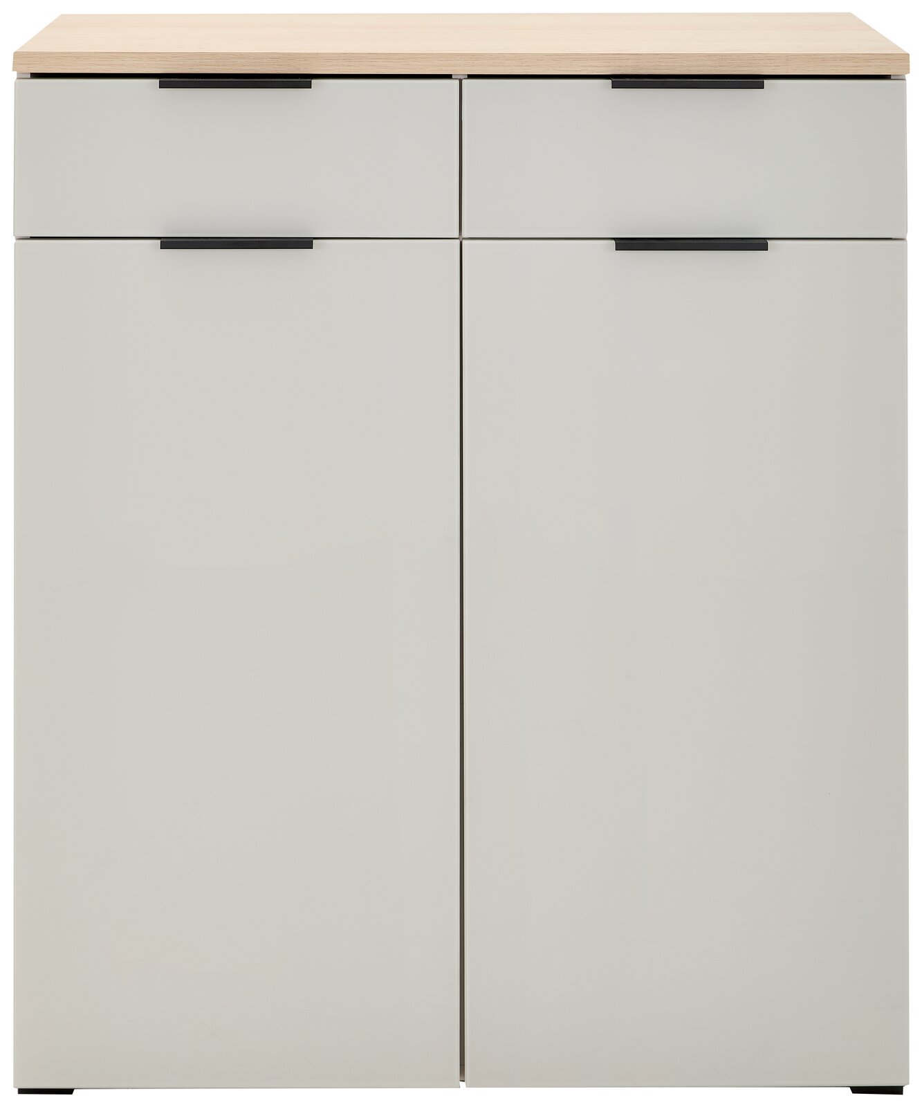 Moderner Schuhschrank Voleo NEW YORK in Frontansicht mit zwei Schubladen und zwei Türen, helle Holzoberfläche und schwarze Griffe.