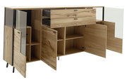 Geöffnetes Sideboard aus Holz mit mehreren Schubladen und Türen, Frontansicht