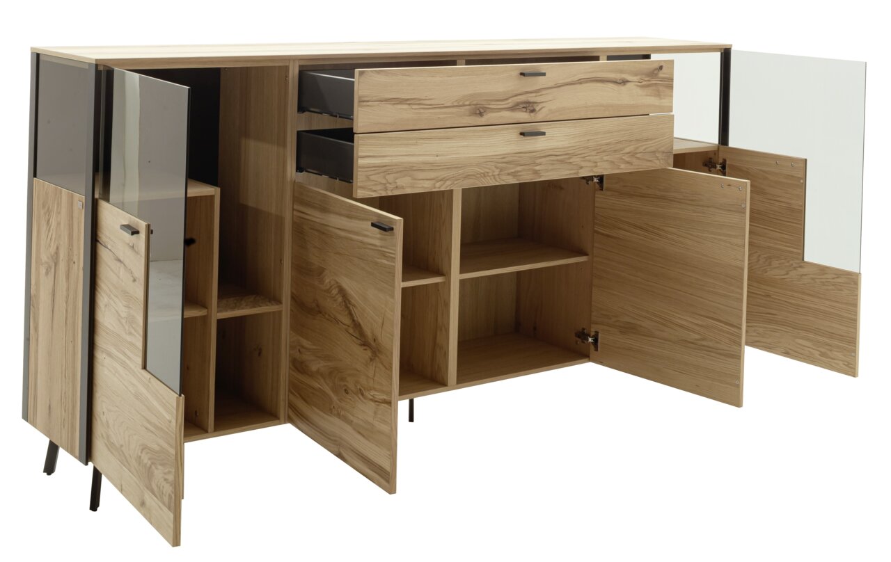 Geöffnetes Sideboard aus Holz mit mehreren Schubladen und Türen, Frontansicht