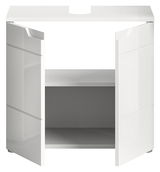 Weißer Waschbeckenunterschrank mit zwei geöffneten Türen, Frontalansicht