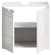 Weißer Waschbeckenunterschrank mit zwei geöffneten Türen, Frontalansicht