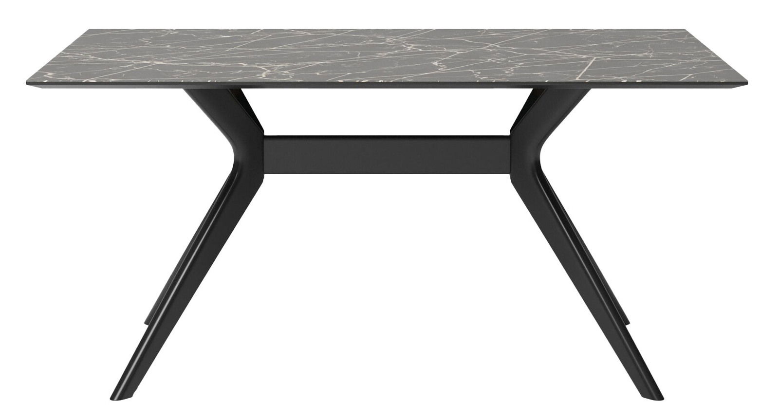 Moderner Esstisch mit schwarzer Marmoroptik-Tischplatte und schlanken, schwarzen Beinen, frontal betrachtet.
