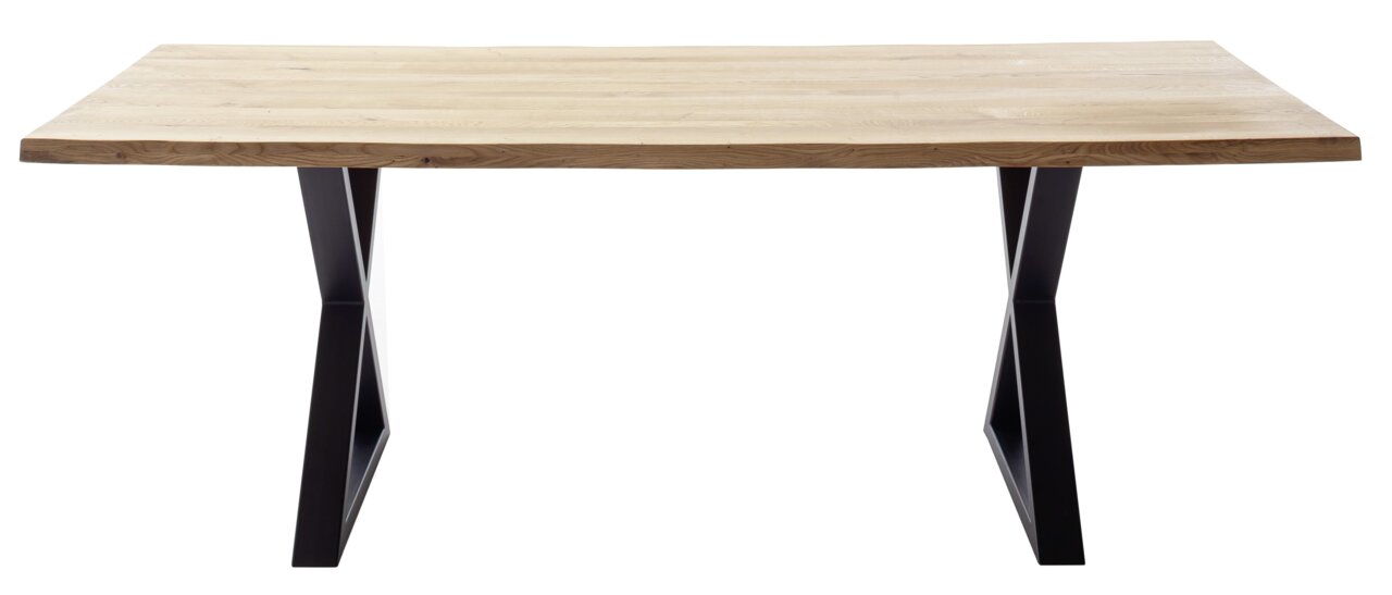 Esstisch mit Holzplatte und schwarzen Metallbeinen, seitliche Perspektive