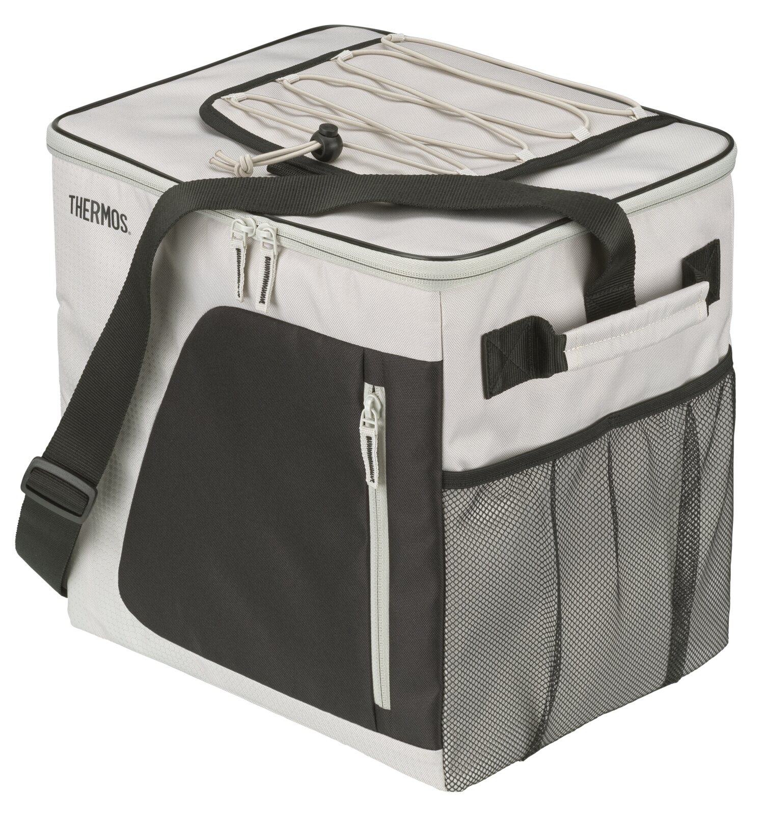 Weiße Thermos-Kühltasche mit schwarzen Akzenten, Schultergurt, Reißverschlussfächern, seitlicher Netztasche und elastischer Kordel auf dem Deckel, aus schräger Vorderansicht von oben