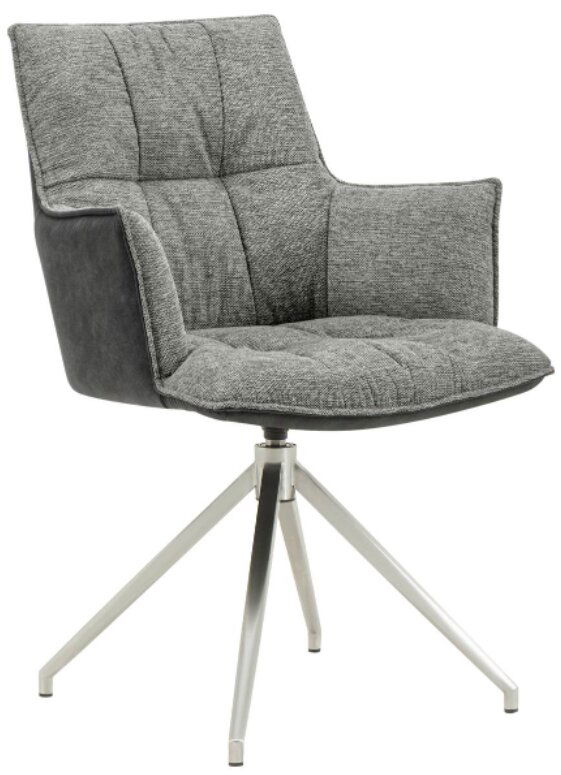 Grauer Sessel mit gepolstertem Sitz und Rückenlehne, auf einem modernen Metallgestell mit vier Beinen, seitliche Perspektive