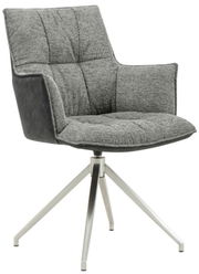 Grauer Sessel mit gepolstertem Sitz und Rückenlehne, auf einem modernen Metallgestell mit vier Beinen, seitliche Perspektive